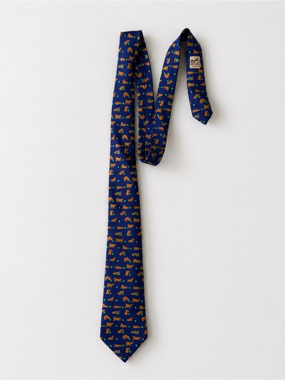 Hermès Paris 100% Silk Puppy Dog Ball Novelty Tie Navy Blue Made in France